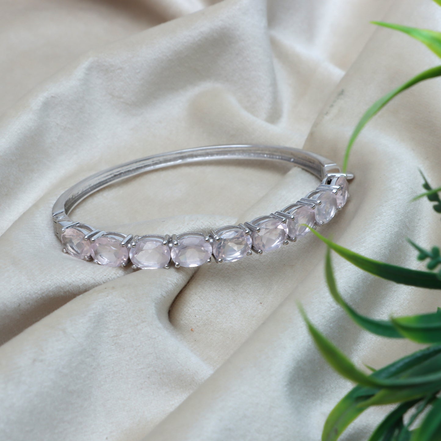 Natural Rose Quartz Oval Cut Gemstone Bangle 925 Sterling Silver January Birthstone Handmade Bangle Gift for Her