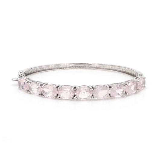 Natural Rose Quartz Oval Cut Gemstone Bangle 925 Sterling Silver January Birthstone Handmade Bangle Gift for Her