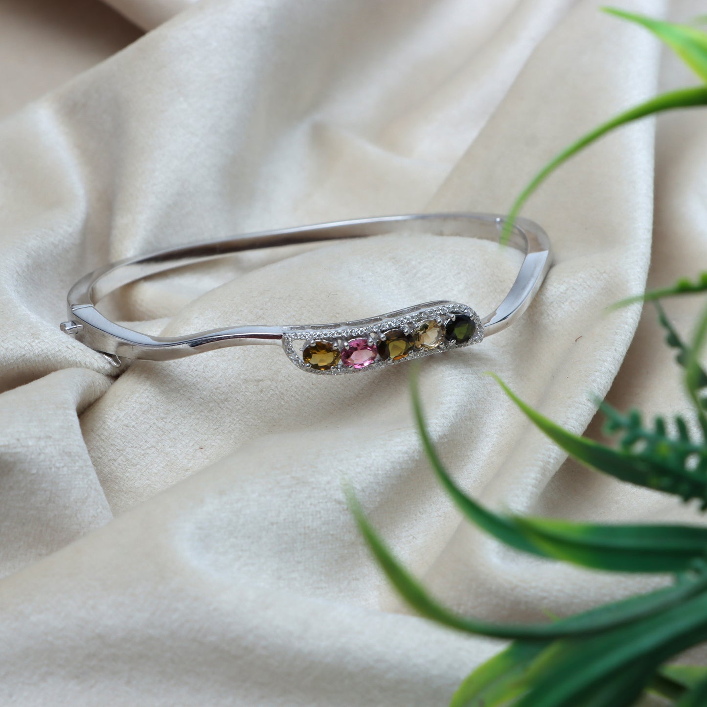 Natural Multi Tourmaline Oval Cut Gemstone Bangle 925 Sterling Silver October Birthstone Bangle Gift for Her