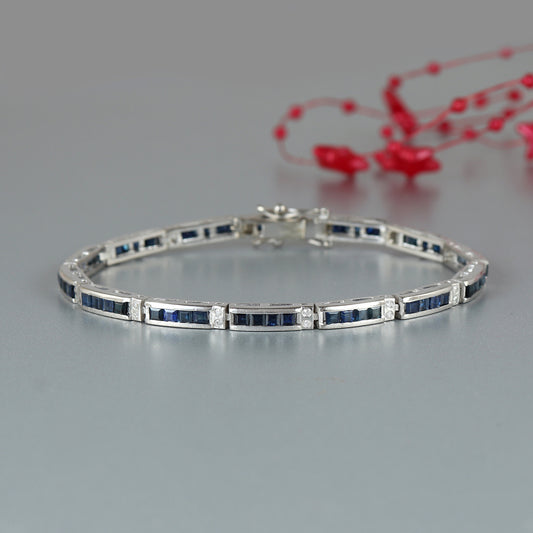 Natural Blue Sapphire Tennis Bracelet-925 Sterling Silver Bracelet-September Birthstone Bracelet-Diamond Bracelet-Square Gemstone Bracelet
