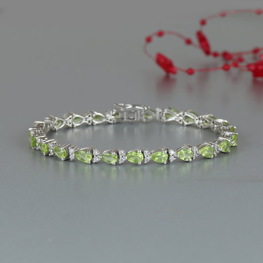 Peridot Tennis Bracelet-925 Sterling Silver Bracelet-6x4mm Pear Gemstone Bracelet-August Birthstone-Peridot Jewelry-Wedding Gift for Her