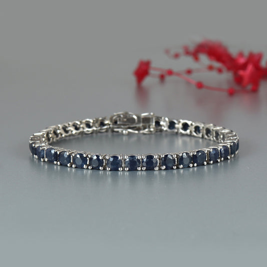 Natural Blue Sapphire Tennis Bracelet-925 Sterling Silver Bracelet-Round Cut Gemstone Bracelet-September Birthstone-Valentine Gift for Her