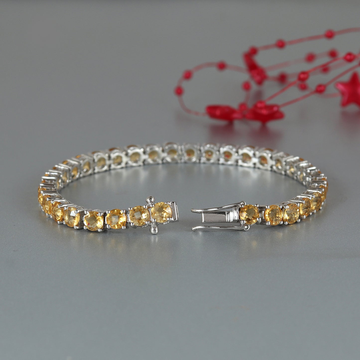 Natural Citrine Round Cut Gemstone Bracelet-925 Sterling Silver Bracelet-Citrine Tennis Bracelet-November Birthstone-Wedding Gift for Her