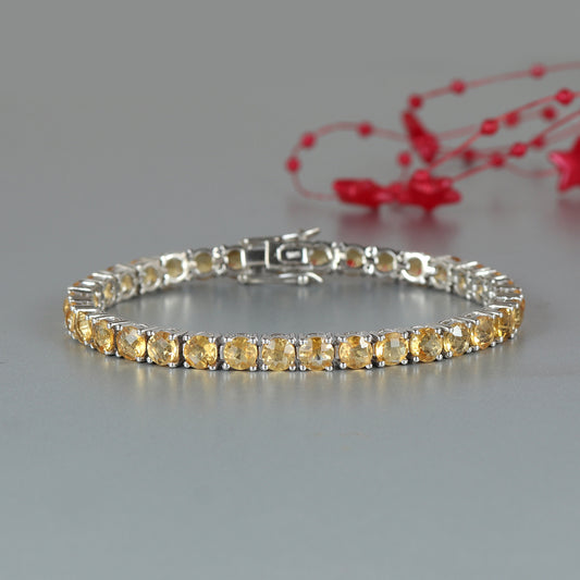 Natural Citrine Round Cut Gemstone Bracelet-925 Sterling Silver Bracelet-Citrine Tennis Bracelet-November Birthstone-Wedding Gift for Her