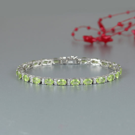 Peridot Tennis Bracelet-925 Sterling Silver Bracelet-6x4mm Oval Cut Gemstone Bracelet-August Birthstone-Peridot Jewelry-Wedding Gift for Her