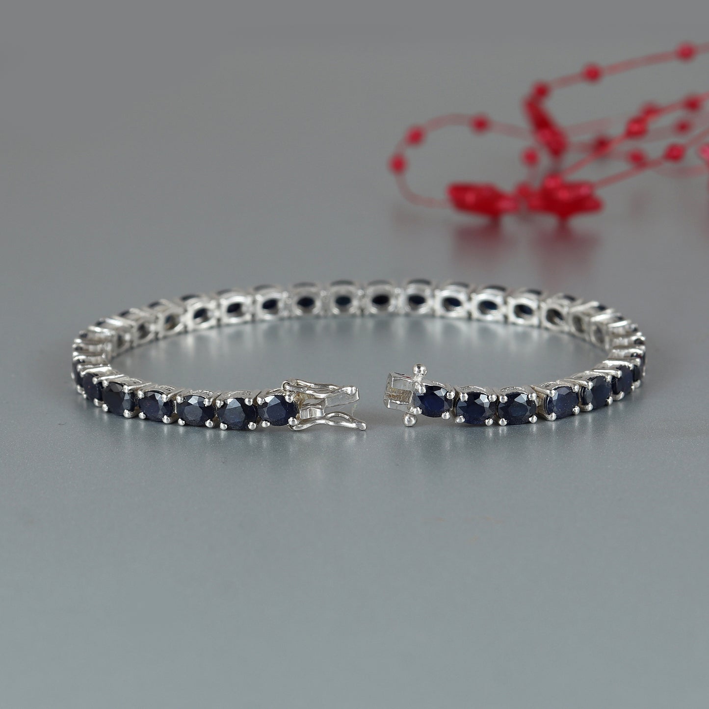 17.00 Cts Blue Sapphire Bracelet-925 Sterling Silver Bracelet-Sapphire Tennis Bracelet-5x4mm Oval Gemstone Bracelet Gift for Her