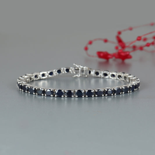 17.00 Cts Blue Sapphire Bracelet-925 Sterling Silver Bracelet-Sapphire Tennis Bracelet-5x4mm Oval Gemstone Bracelet Gift for Her