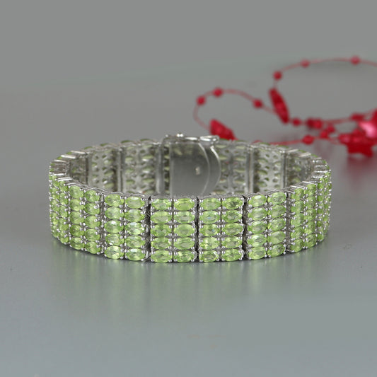 Peridot Tennis Bracelet-925 Sterling Silver-Oval Cut Gemstone Bracelet-Peridot Jewelry-August Birthstone-Five Layered Bracelet-Gift for Her