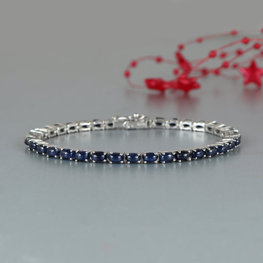Natural Blue Sapphire Oval Cabochon Tennis Bracelet-925 Sterling Silver-Sapphire Tennis Bracelet-Blue Gemstone Bracelet-September Birthstone