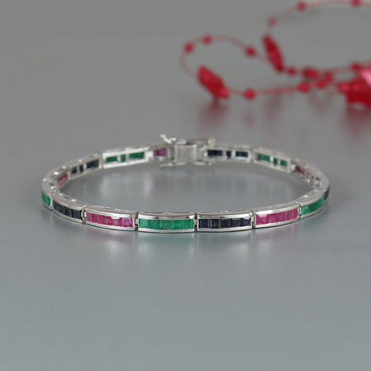Ruby Emerald Sapphire Bracelet-925 Sterling Silver-Square Cut Gemstone Bracelet-Precious Gemstone Bracelet-Bridesmaid Bracelet Gift for Her