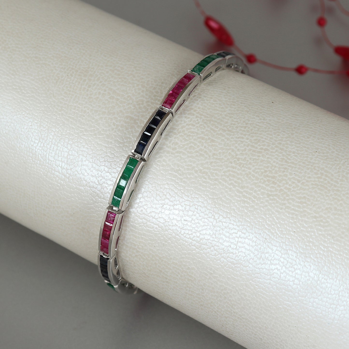 Ruby Emerald Sapphire Bracelet-925 Sterling Silver-Square Cut Gemstone Bracelet-Precious Gemstone Bracelet-Bridesmaid Bracelet Gift for Her