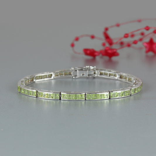Natural Peridot Tennis Bracelet-925 Sterling Silver Bracelet-Square Cut Gemstone Bracelet-August Birthstone-Peridot Bracelet-Valentine Gift