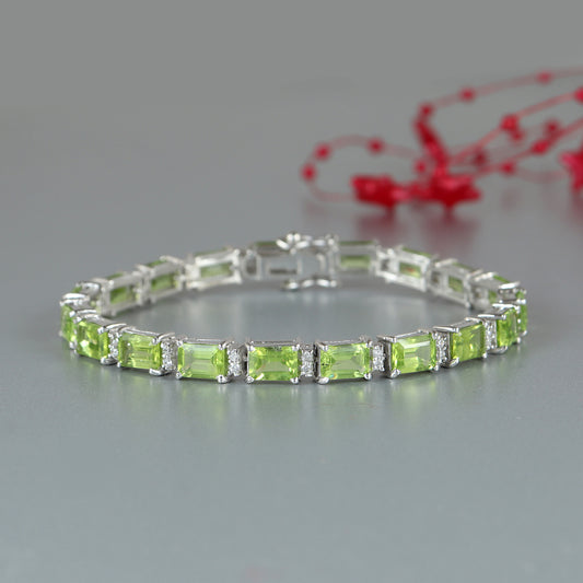 Peridot Tennis Bracelet-925 Sterling Silver Bracelet-7x5mm Octagon Gemstone Bracelet-August Birthstone Bracelet-Bridesmaid Bracelet for Gift