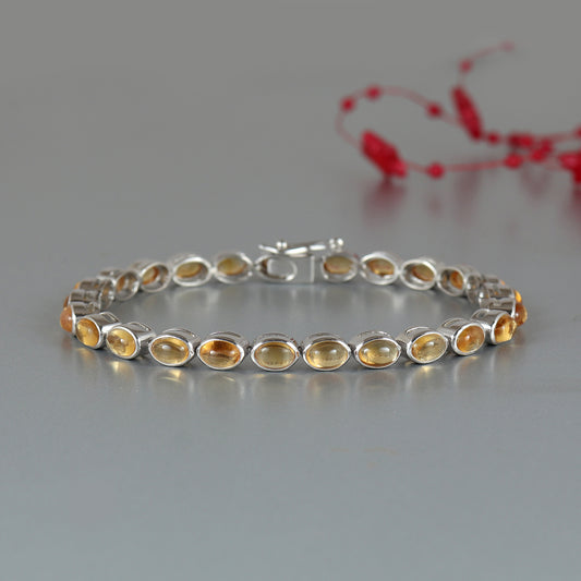 Natural Citrine Oval Cabochon Gemstone Bracelet-925 Sterling Silver Tennis Bracelet-Handmade Citrine Bracelet-Wedding Gift for Her Wife