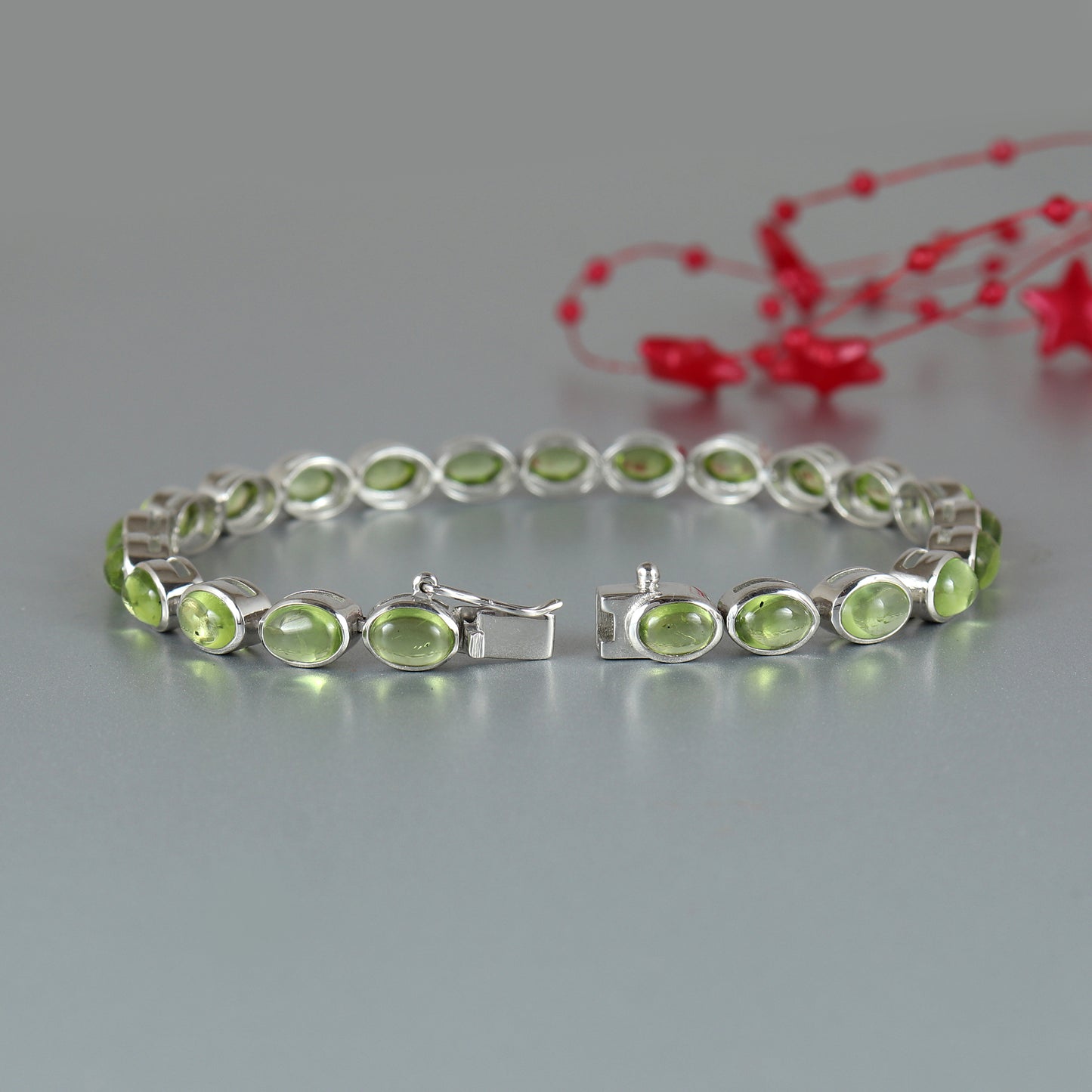 Natural Peridot Tennis Bracelet-925 Sterling Silver-Oval Cabochon Gemstone Bracelet-Peridot Jewelry-Handmade Bracelet-Wedding Gift for Her