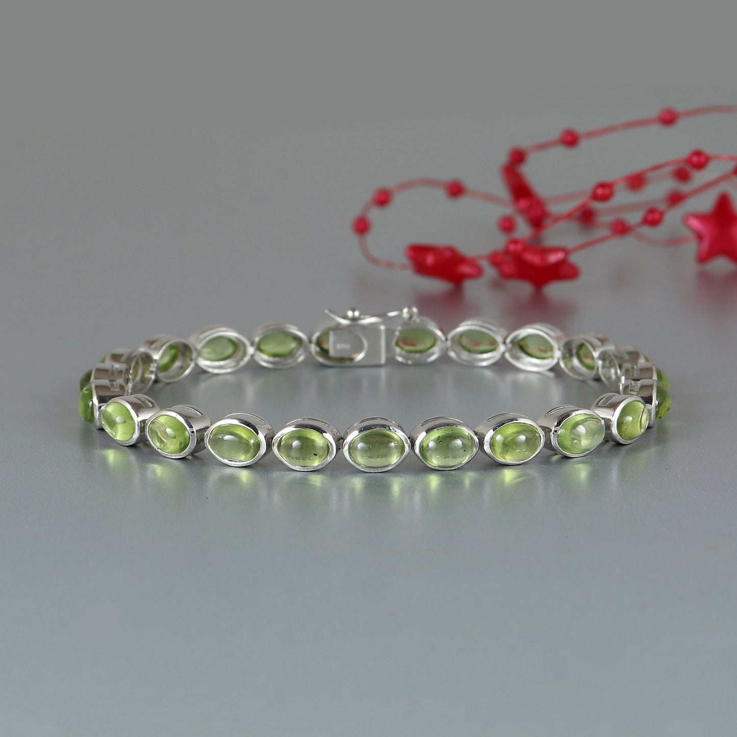 Natural Peridot Tennis Bracelet-925 Sterling Silver-Oval Cabochon Gemstone Bracelet-Peridot Jewelry-Handmade Bracelet-Wedding Gift for Her