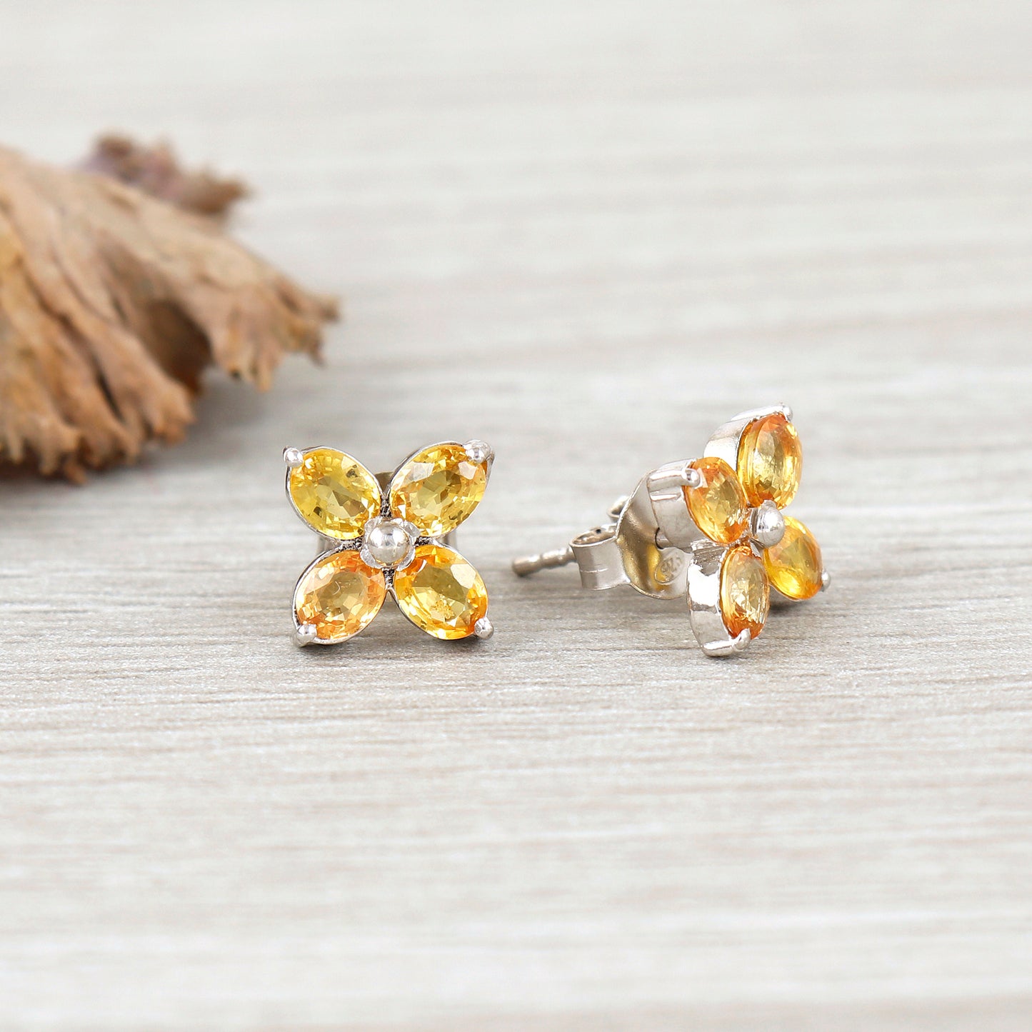 Natural Yellow Sapphire Floral Earrings-925 Sterling Silver-September Birthstone-Oval Gemstone Studs-Handmade Earrings-Tiny Earrings for Her