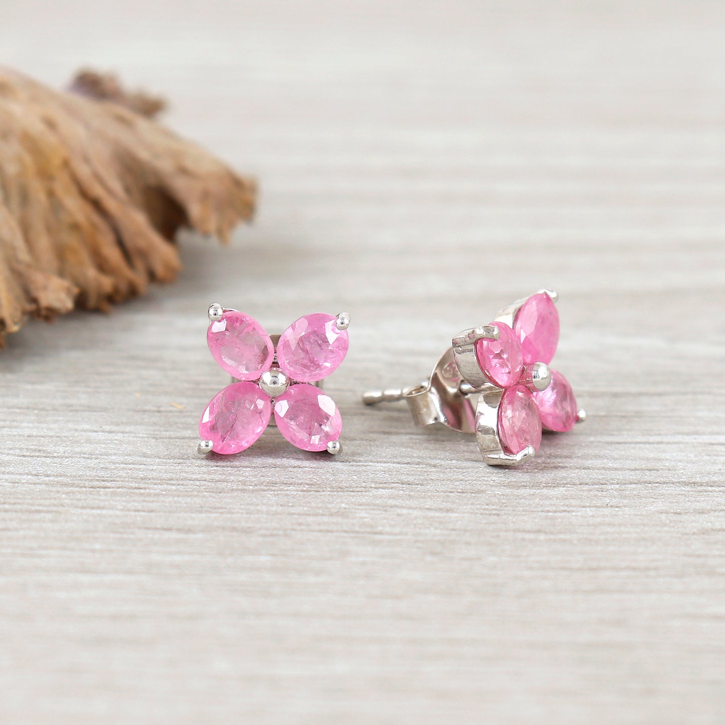 Pink Sapphire Stud Earrings-925 Sterling Silver Dainty Earrings-Pink Sapphire Floral Studs-Oval Gemstone Stud-Dainty Pink Earrings for Gift