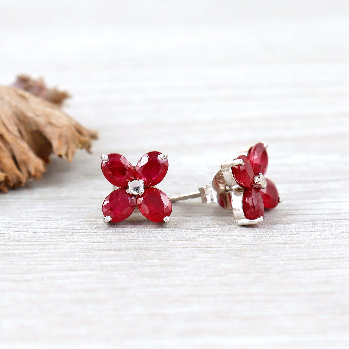 Floral Ruby Earrings-925 Sterling Silver-Oval Cut Gemstone Studs-Minimalist Ruby Stud Earrings-July Birthstone Earrings-Wedding Gift for Her