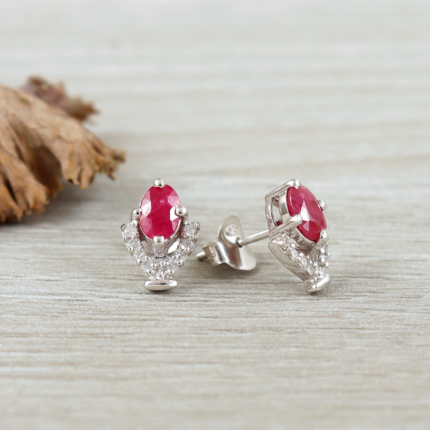Natural Ruby Tiny Stud Earrings-925 Sterling Silver-Diamond and Ruby Stud-July Birthstone Earrings-Dainty Ruby Earrings-Wedding Gift for Her