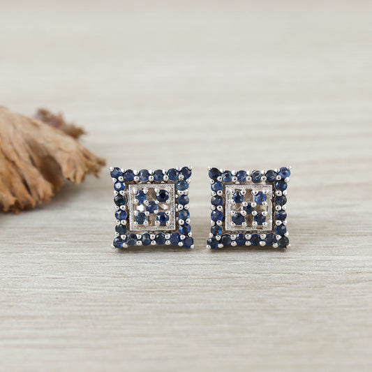 Blue Sapphire Studs-925 Sterling Silver-Square Shape Sapphire Studs-Round Cut Gemstone Earrings-Tiny Stud Earrings-September Birthstone Stud