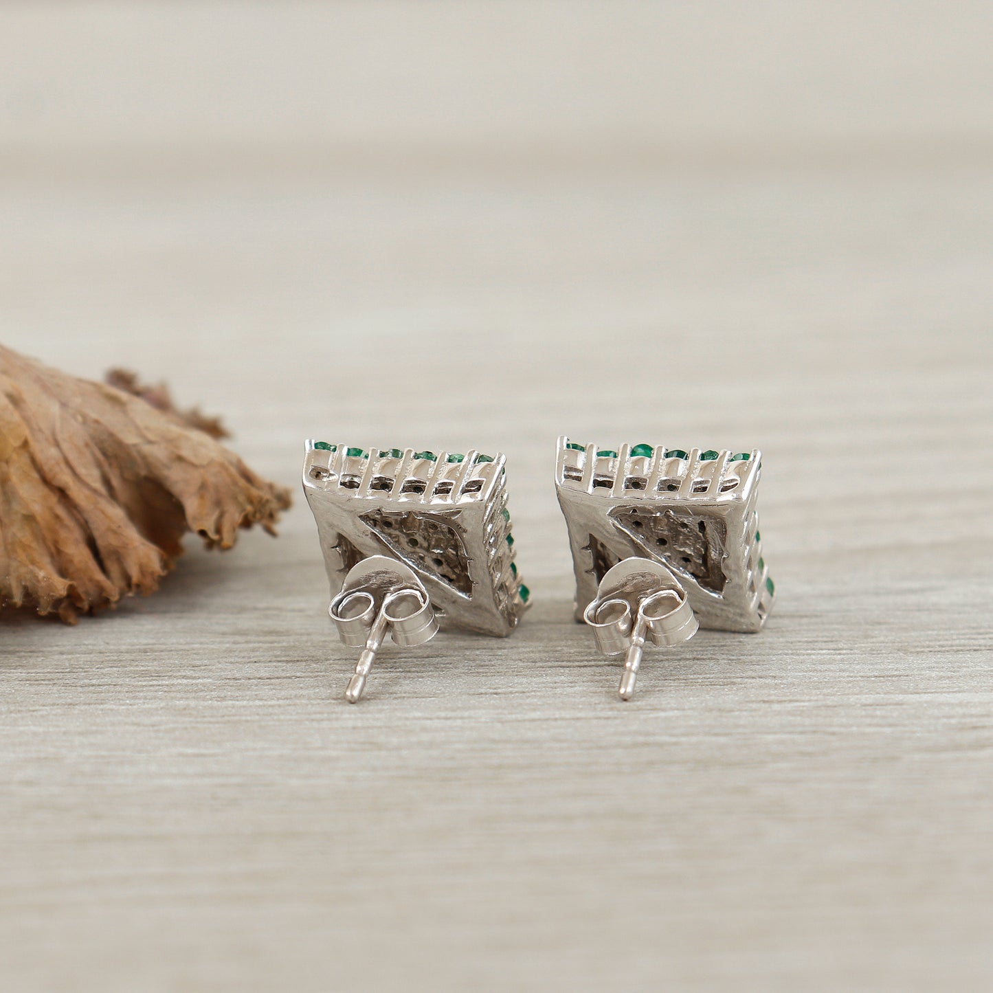 Natural Emerald Round Gemstone Stud Earrings-925 Sterling Silver-Square Shape Precious Earrings-Dainty Stud Earrings-Wedding Gift for Her