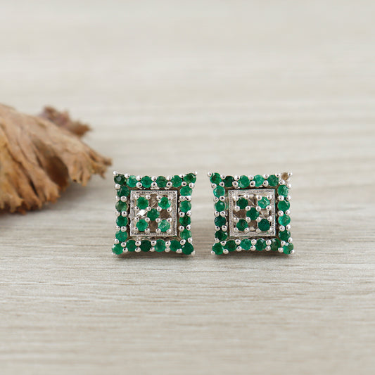 Natural Emerald Round Gemstone Stud Earrings-925 Sterling Silver-Square Shape Precious Earrings-Dainty Stud Earrings-Wedding Gift for Her