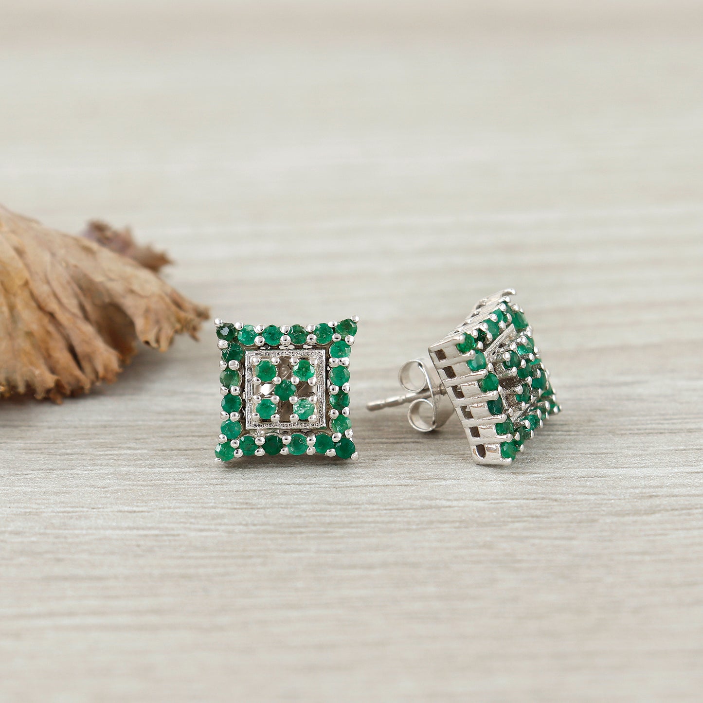 Natural Emerald Round Gemstone Stud Earrings-925 Sterling Silver-Square Shape Precious Earrings-Dainty Stud Earrings-Wedding Gift for Her