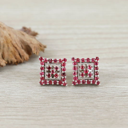 Ruby Stud Earrings-July Birthstone Stud Earrings-925 Sterling Silver-Square Ruby Studs-Round Cut Gemstone Earrings-Dainty Earrings for Gift