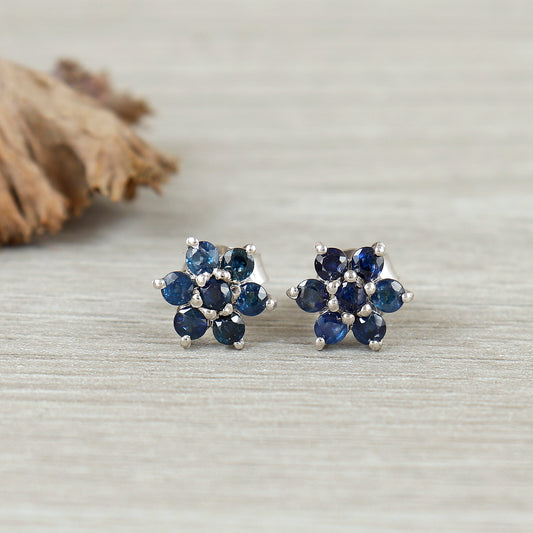 Natural Blue Sapphire Round Cut Gemstone Stud Earrings-Floral Sapphire Earrings-925 Sterling Silver Studs-Tiny Stud Earrings Gift for Girls
