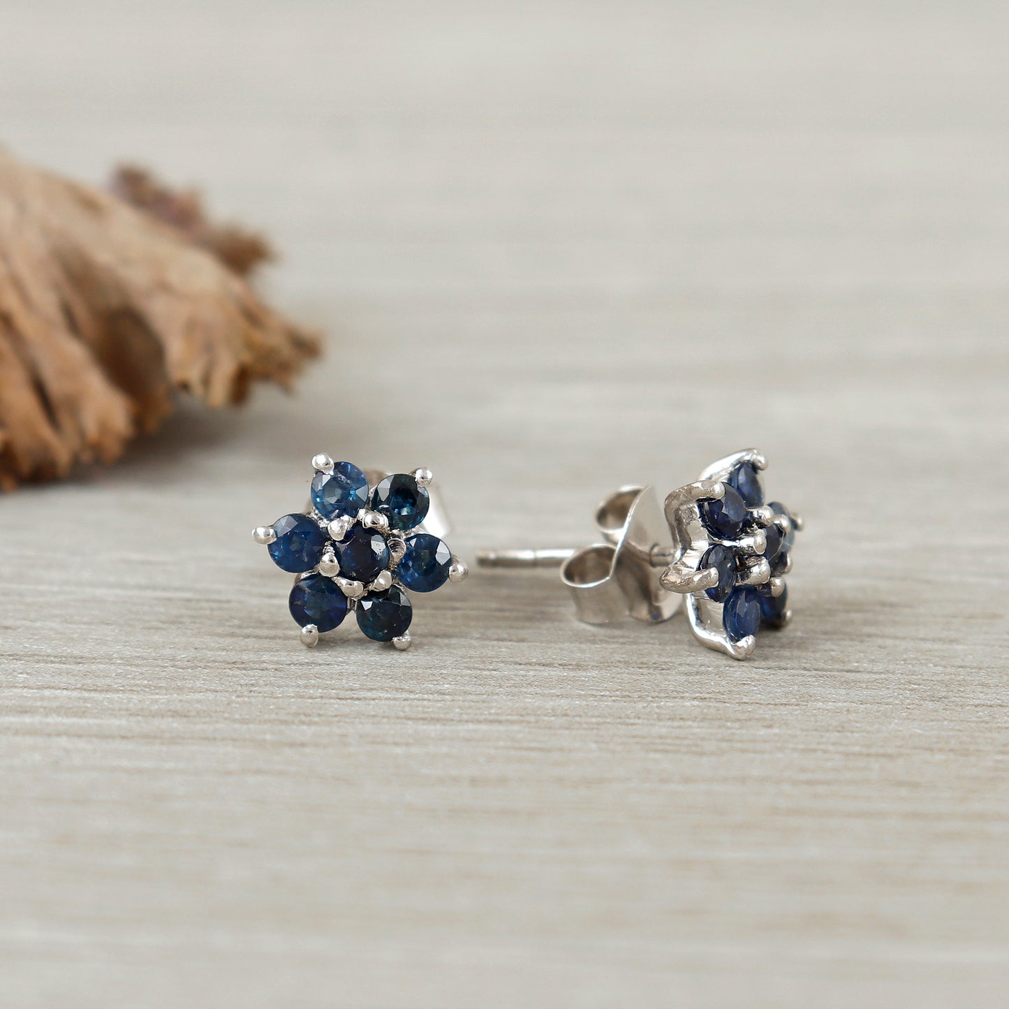 Natural Blue Sapphire Round Cut Gemstone Stud Earrings-Floral Sapphire Earrings-925 Sterling Silver Studs-Tiny Stud Earrings Gift for Girls