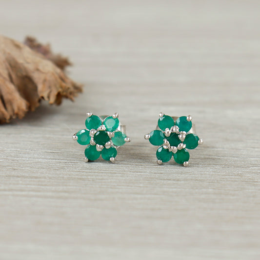 Sun Flower Emerald Stud Earrings-925 Sterling Silver Studs-Floral Precious Earrings-May Birthstone Stud Earrings-Anniversary Gift for Her