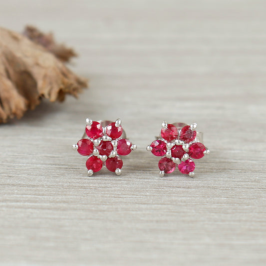 Floral Ruby Earrings-Round Gemstone Studs-Sun Flower Ruby Stud Earrings-July Birthstone Earrings-925 Sterling Silver-Christmas Gift for Her