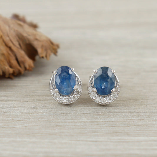 Dainty Sapphire Stud Earrings-Diamond Studs-September Birthstone Studs-925 Sterling Silver-Oval Cut Gemstone Earrings-Precious Stud Earrings
