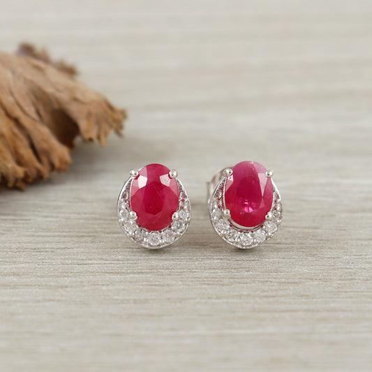 Ruby Oval Cut Gemstone Dainty Stud Earrings-925 Sterling Silver-July Birthstone Jewelry-Ruby Diamond Stud Earrings-Perfect Gift for Her