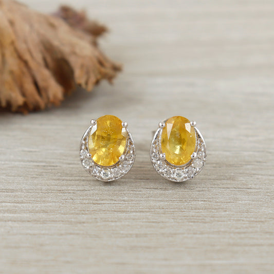 Natural Yellow Sapphire Stud Earrings-925 Sterling Silver-Oval Cut Gemstone Earrings-Precious Stud Earrings-Sapphire Jewelry Gift for Her