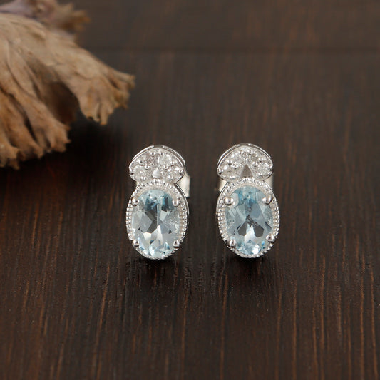 Natural Aquamarine Stud Earrings-925 Sterling Silver Studs-7x5mm Oval Cut Gemstone Earrings-Diamond Stud Earrings-Dainty Earrings for Gift
