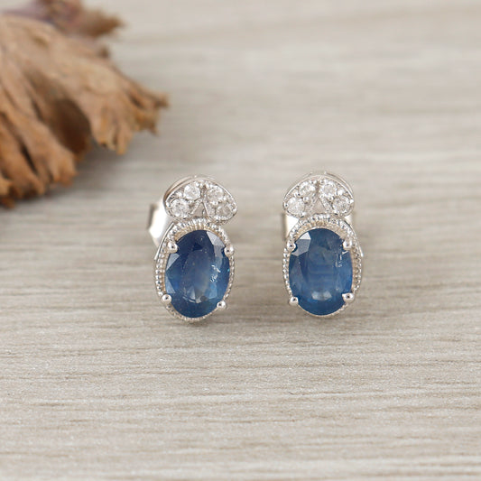 Blue Sapphire Earrings-925 Sterling Silver-Tiny Blue Sapphire Studs-Diamond & Blue Sapphire Earrings-Minimalist Stud Earrings-Gift for Her