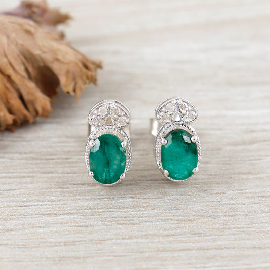 925 Sterling Silver Stud Earrings-Natural Emerald Earrings-7x5mm Oval Cut Gemstone Earrings-Wedding Gift-May Birthstone Studs Gift for Her