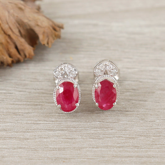 Natural Ruby Oval Cut Gemstone Stud Earrings-925 Sterling Silver-Diamond & Ruby Studs for Women-July Birthstone Stud-Wedding Gift for Her