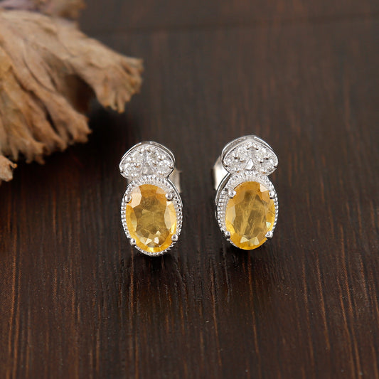 Yellow Sapphire Oval Cut gemstone Stud Earrings-925 Silver Studs-Diamond & Sapphire Earrings-Tiny Yellow Sapphire Earrings-Wedding Gift Her