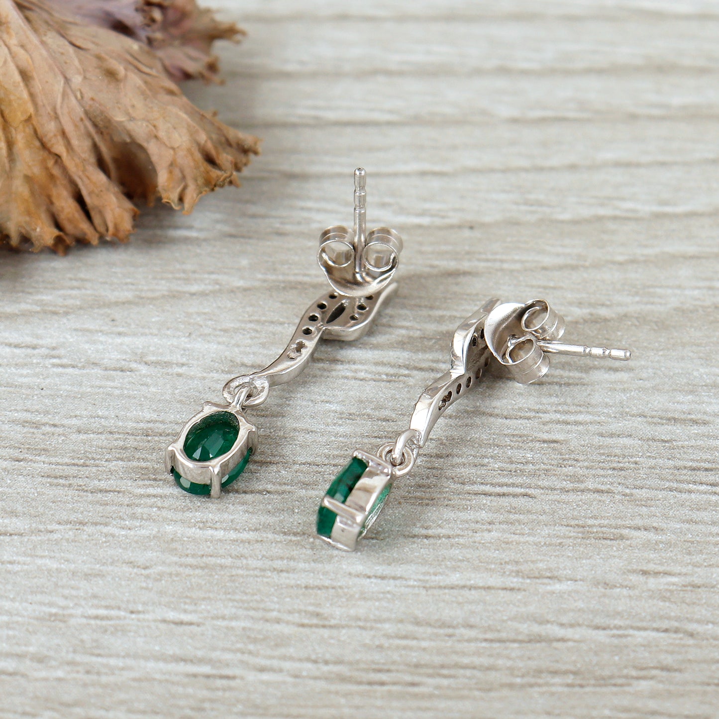 Natural Emerald Dangle Earrings-925 Sterling Silver Diamond Stud Earrings-7x5mm Oval Cut Gemstone Studs-Wedding Gift for Her-Emerald Jewelry