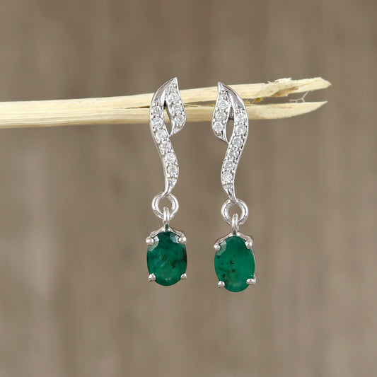 Natural Emerald Dangle Earrings-925 Sterling Silver Diamond Stud Earrings-7x5mm Oval Cut Gemstone Studs-Wedding Gift for Her-Emerald Jewelry