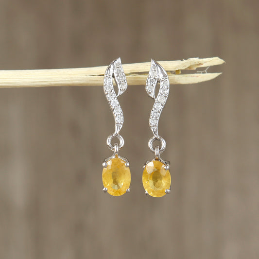 Yellow Sapphire Dangle Earrings-925 Sterling Silver Earrings-7x5mm Oval Cut Gemstone Earrings-Precious Earrings-Diamond & Sapphire Earrings