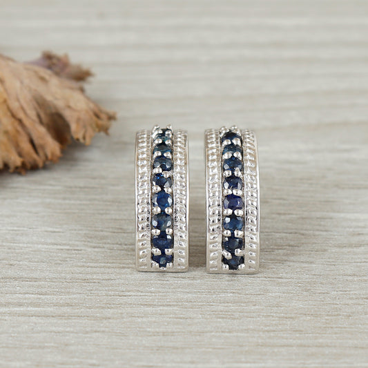 Natural Blue Sapphire Round Cut Gemstone Stud Earrings-925 Sterling Silver-Dainty Hoop Earrings-September Birthstone-Sapphire Jewelry
