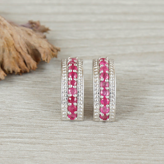 Natural Ruby Tiny Stud Earrings-925 Sterling Silver-Diamond and Ruby Stud-July Birthstone Earrings-Dainty Ruby Earrings-Wedding Gift for Her