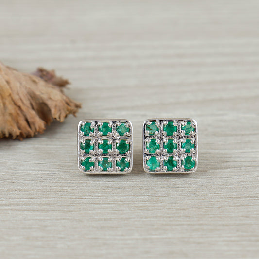 Emerald Round Gemstone Studs-925 Sterling Silver Minimalist Earrings-May Birthstone Stud Earrings-Handmade Earrings-Christmas Gift for Her