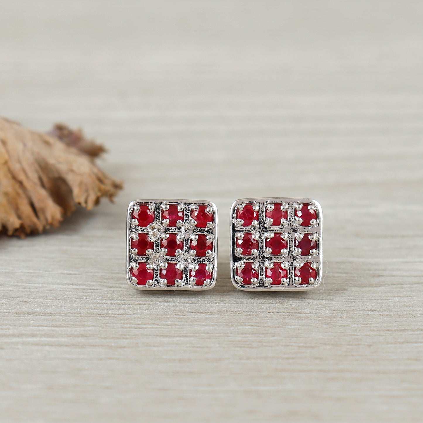 Ruby Stud Earrings-July Birthstone Stud Earrings-925 Sterling Silver-Square Ruby Studs-Round Cut Gemstone Earrings-Dainty Earrings for Gift