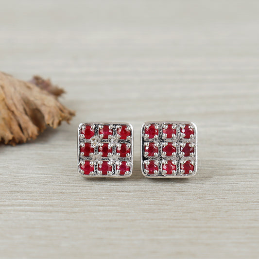 Ruby Stud Earrings-July Birthstone Stud Earrings-925 Sterling Silver-Square Ruby Studs-Round Cut Gemstone Earrings-Dainty Earrings for Gift
