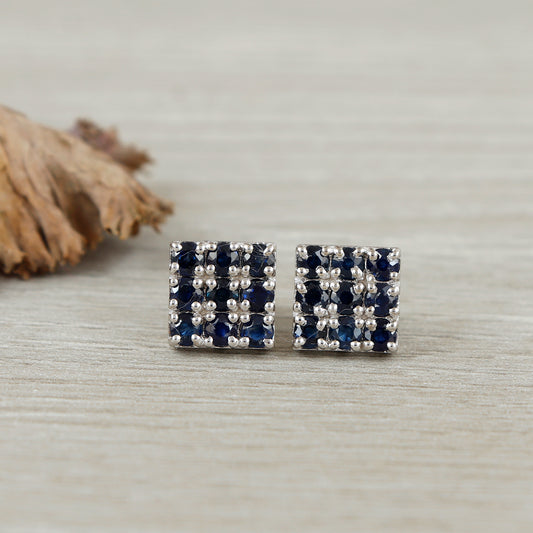 Blue Sapphire Stud Earrings-925 Sterling Silver Studs-Natural Blue Sapphire Stud-Push Back Stud Earrings-Dainty Sapphire Earrings for Women